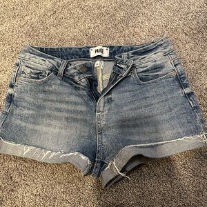 PAIGE Blue Jean Shorts with Cuffed Hem and Mid-Thigh Length